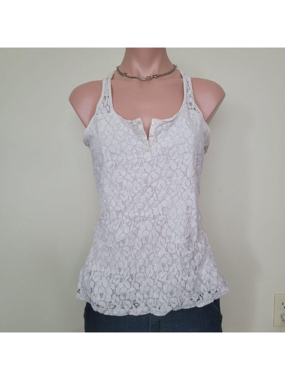 Smart Set Crochet Aesthetic Cotton Lace Henley Neck Tank Top (M)